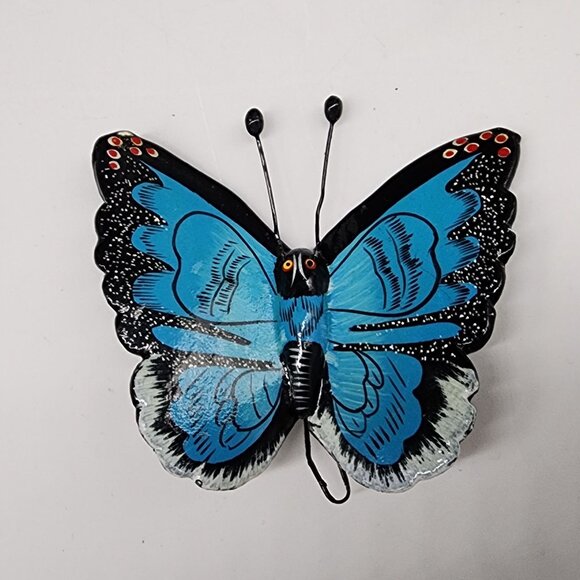 Hand Painted Ceramic Butterfly Wall Decor Hanging Blue & Black Set of 4 - Picture 5 of 8